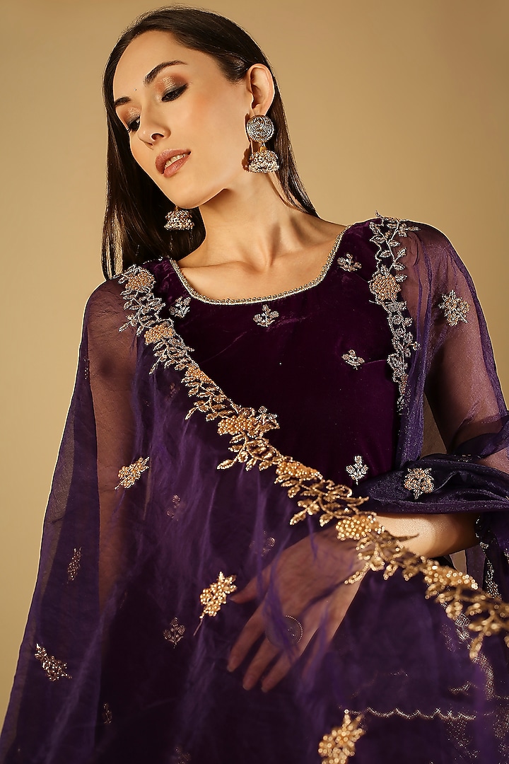 Purple Georgette Brocade Sharara Set by Monk & Mei at Pernia's Pop Up Shop