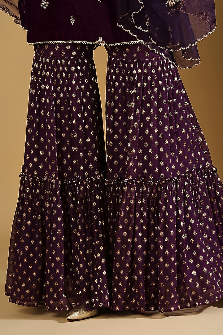 Purple Georgette Brocade Sharara Set by Monk & Mei at Pernia's Pop Up Shop