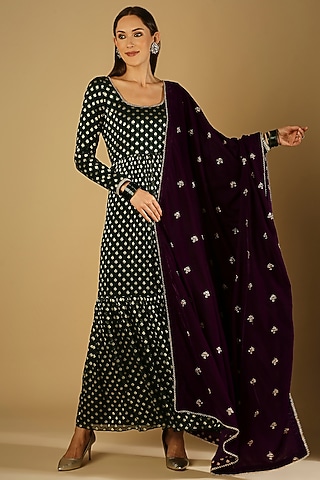 Emerald Green Velvet Anarkali Set by Monk & Mei