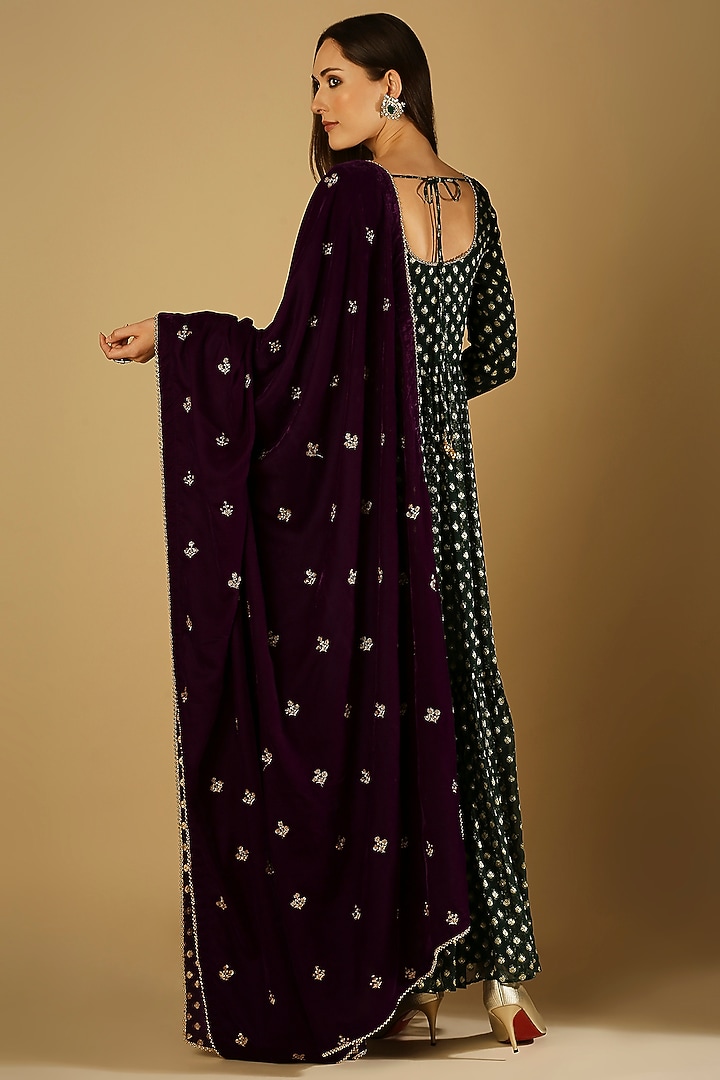 Emerald Green Velvet Anarkali Set by Monk & Mei at Pernia's Pop Up Shop