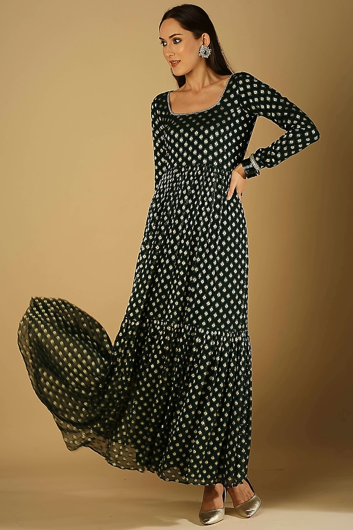 Emerald Green Georgette Brocade Anarkali by Monk & Mei at Pernia's Pop Up Shop