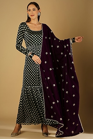 Violet Velvet Embroidered Stole by Monk & Mei