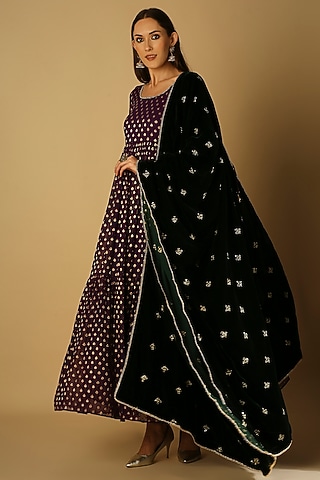 Violet Velvet Anarkali Set by Monk & Mei