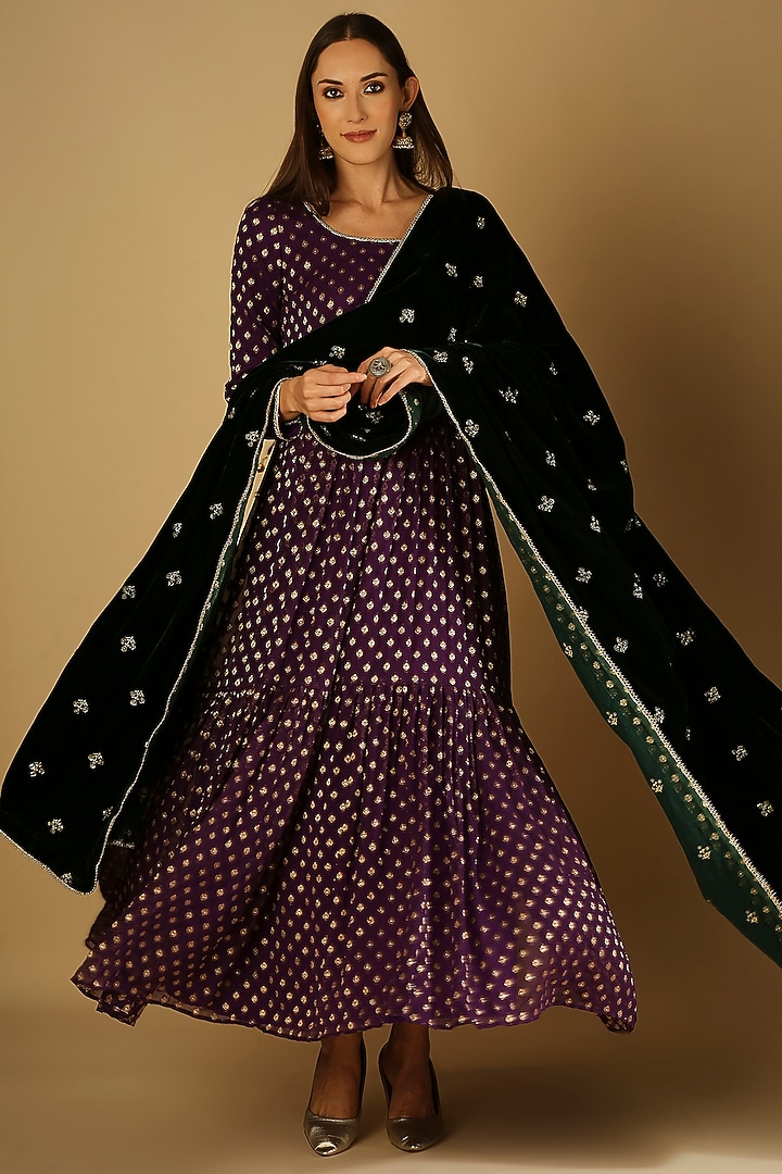 Violet Velvet Anarkali Set by Monk & Mei at Pernia's Pop Up Shop
