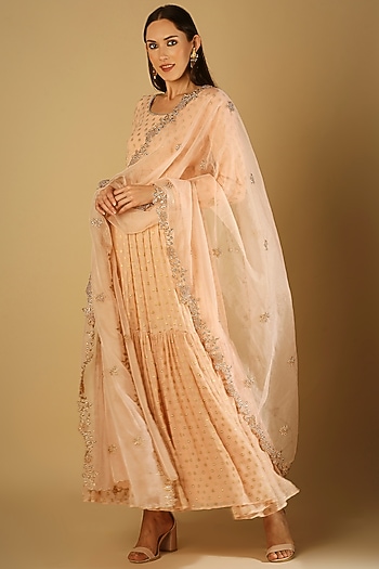 Peach Georgette Brocade Anarkali by Monk & Mei at Pernia's Pop Up Shop