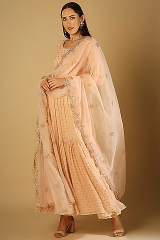 Peach Georgette Brocade Anarkali by Monk & Mei