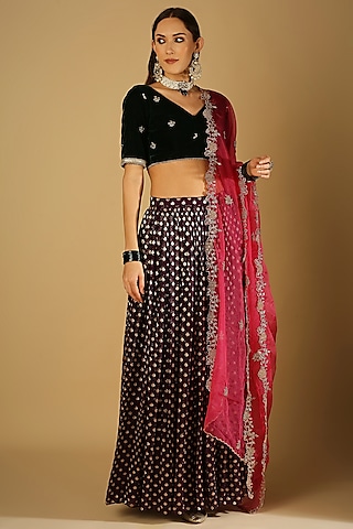 Violet Georgette Brocade Lehenga Set by Monk & Mei