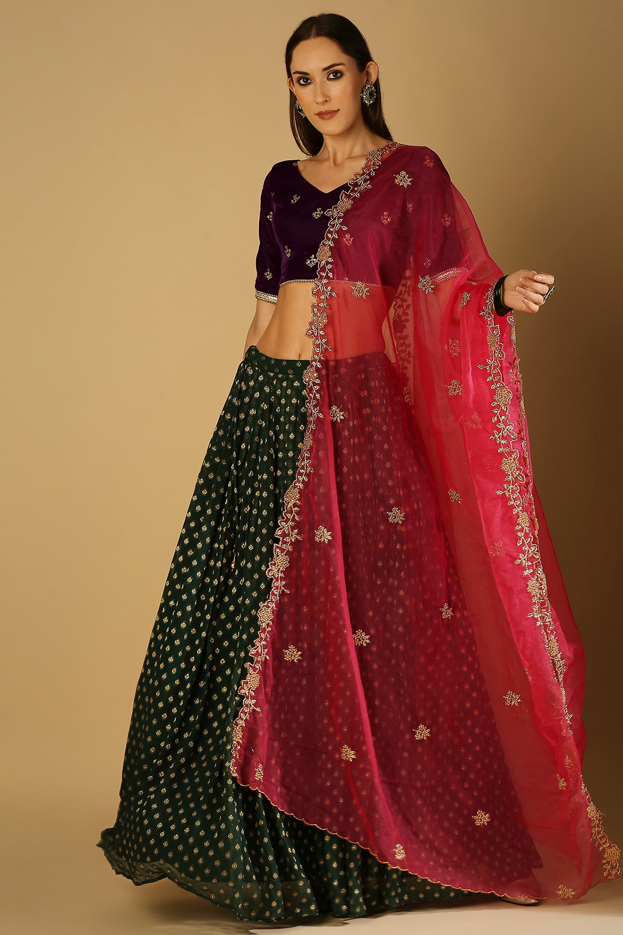 Buy Kids Girls Pink Embroidered N Green Brocade Lehenga Online at Best  Price | Cbazaar