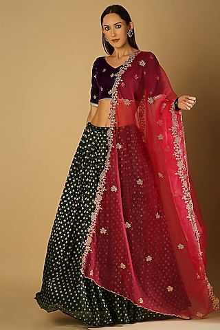 Purple Brocade Georgette Brocade Lehenga Set by Monk & Mei