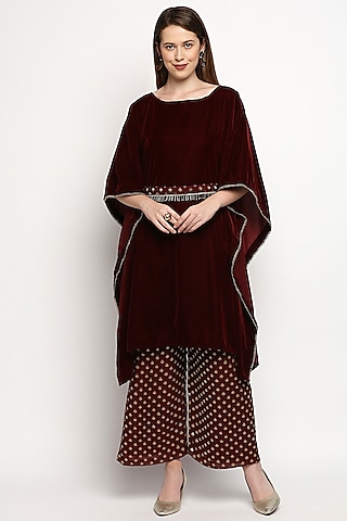 Maroon Velvet Kaftan Set by Monk & Mei