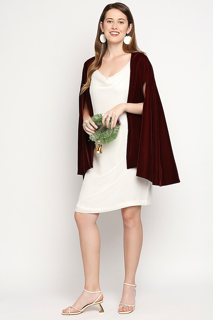 White Sequins Mini Dress With Cape by Monk & Mei