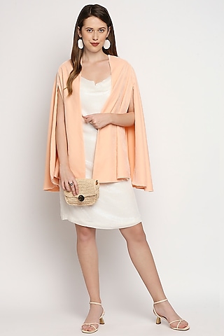 White Sequins Mini Dress With Peach Cape by Monk & Mei