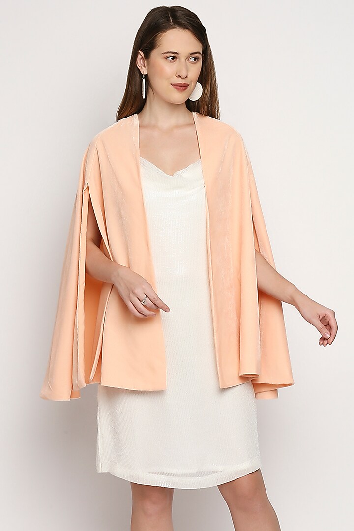 White Sequins Mini Summer Dress With Peach Cape by Monk & Mei at Pernia's Pop Up Shop