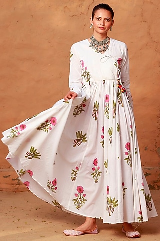 White Mulmul Angrakha Dress by Monk & Mei
