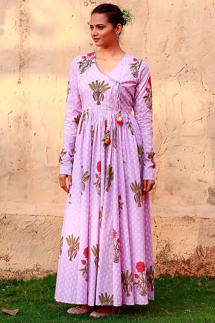Lavender Mulmul Angrakha Dress by Monk & Mei