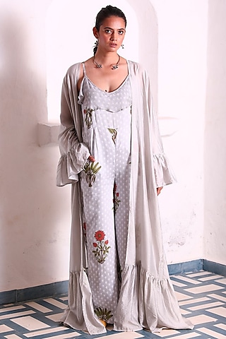 Grey Modal Satin Jumpsuit With Shrug by Monk & Mei