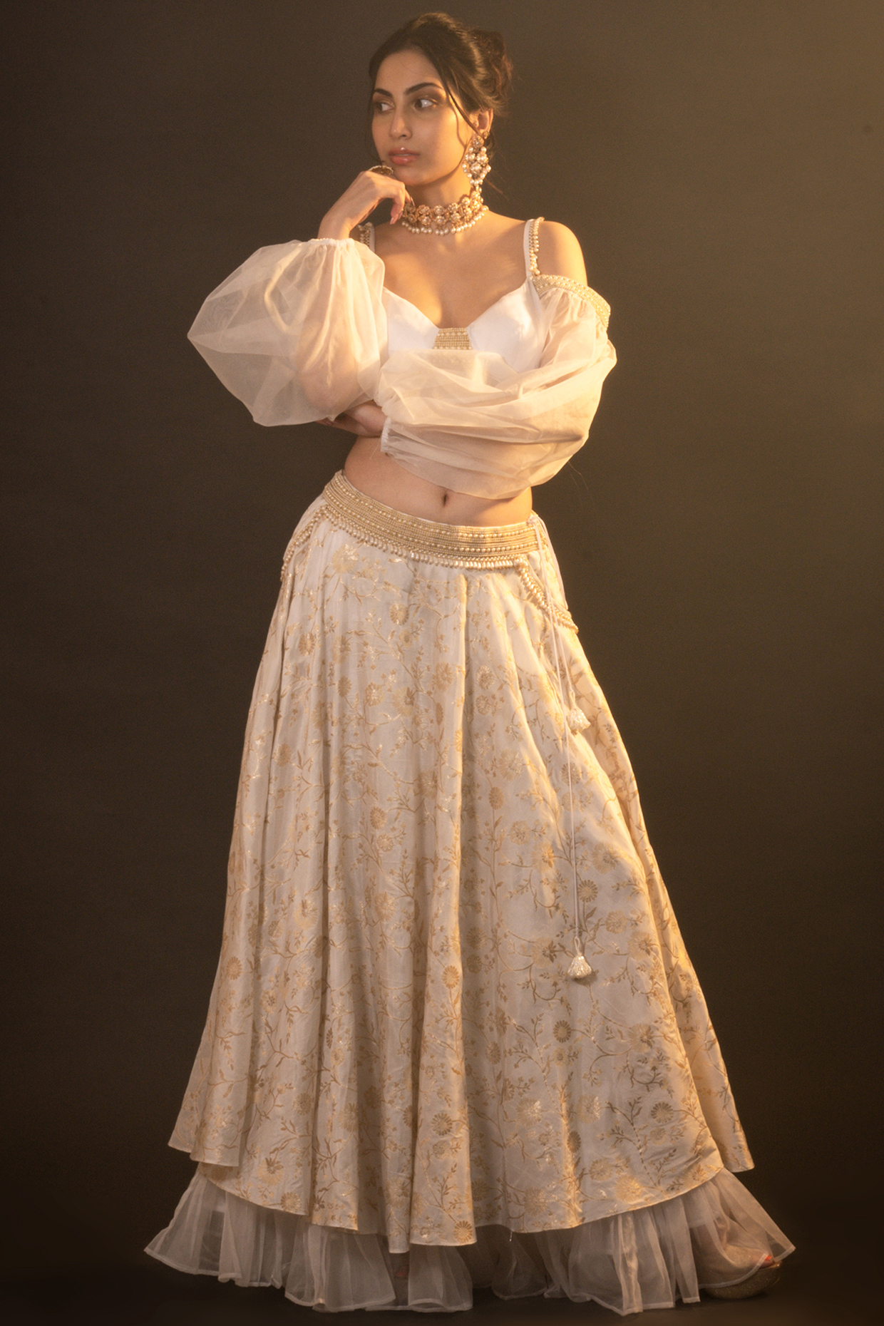 Gold Brocade & Organza Lehenga Set by Monk & Mei