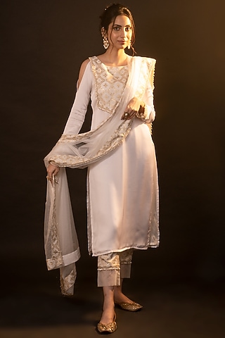 Gold Silk Satin Floral Kurta Set by Monk & Mei