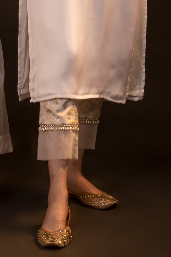 Gold Silk Satin Floral Kurta Set by Monk & Mei at Pernia's Pop Up Shop