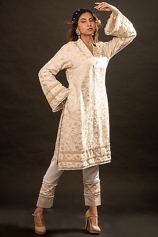 Gold Brocade Silk Floral Kurta Set by Monk & Mei