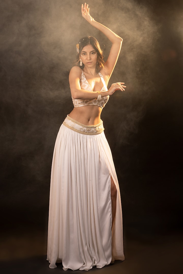 White Silk Brocade Silk Lehenga Set by Monk & Mei at Pernia's Pop Up Shop