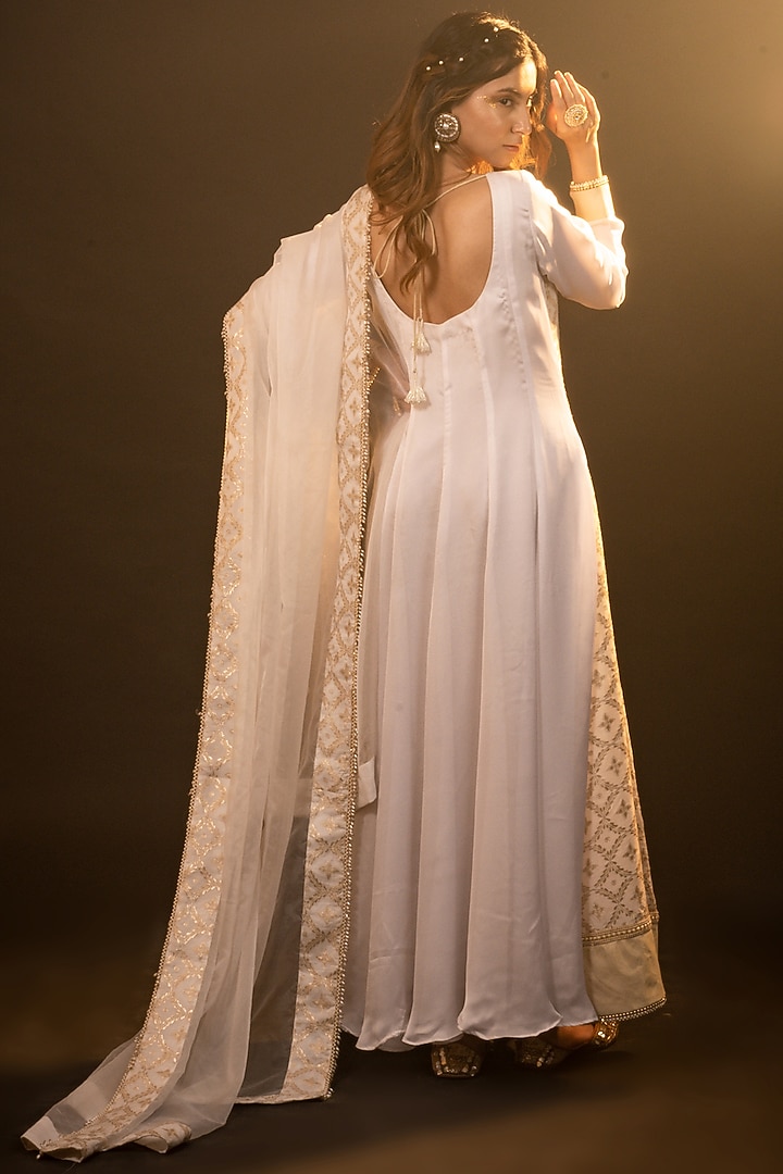 White Brocade & Satin Silk Blend Angrakha Anarkali by Monk & Mei at Pernia's Pop Up Shop