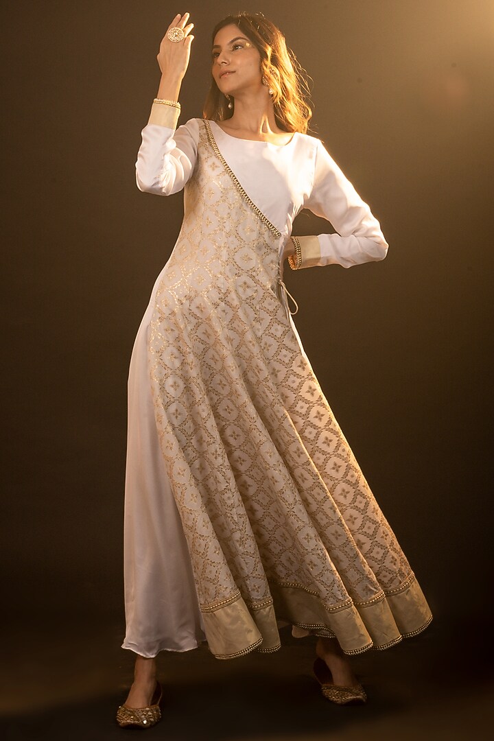 White Brocade & Satin Silk Blend Angrakha Anarkali by Monk & Mei at Pernia's Pop Up Shop