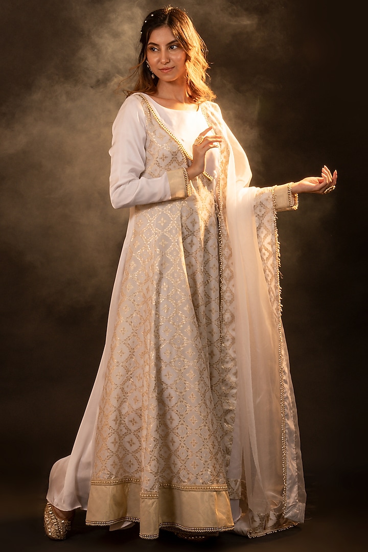 White Brocade & Satin Silk Blend Angrakha Anarkali Set by Monk & Mei at Pernia's Pop Up Shop