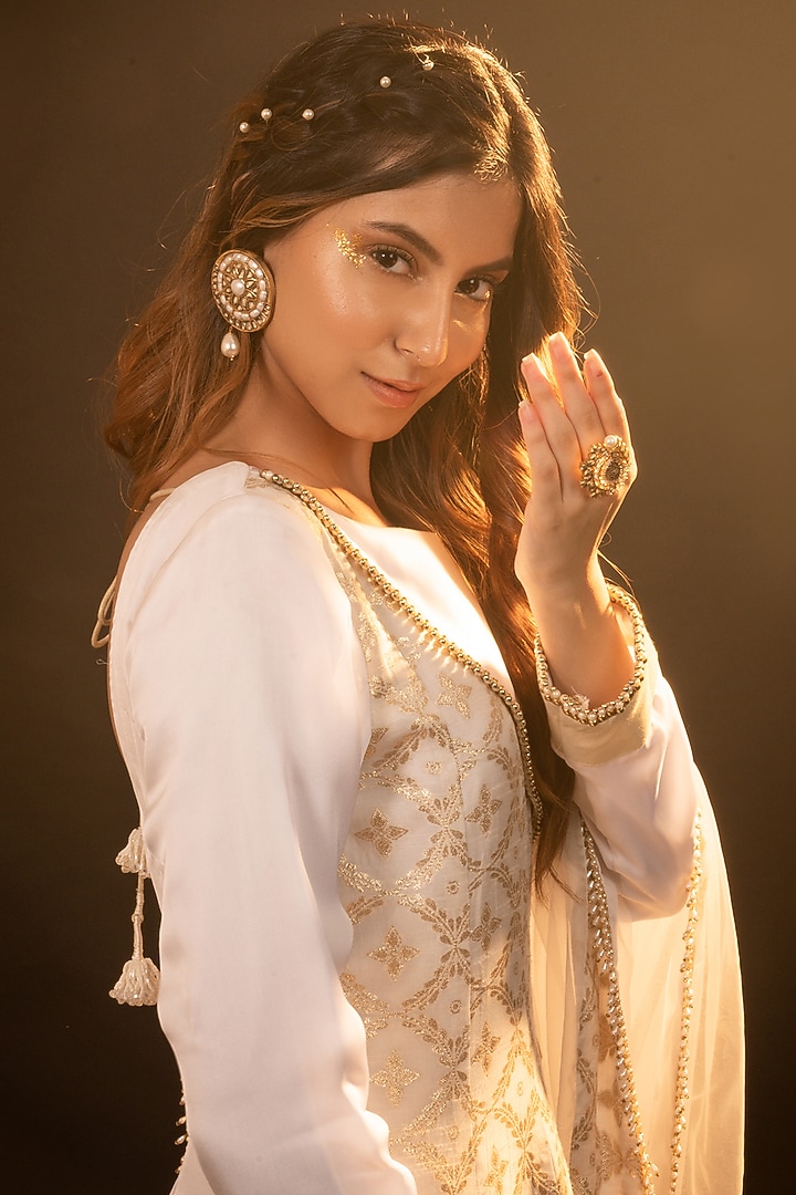 White Brocade & Satin Silk Blend Angrakha Anarkali Set by Monk & Mei at Pernia's Pop Up Shop