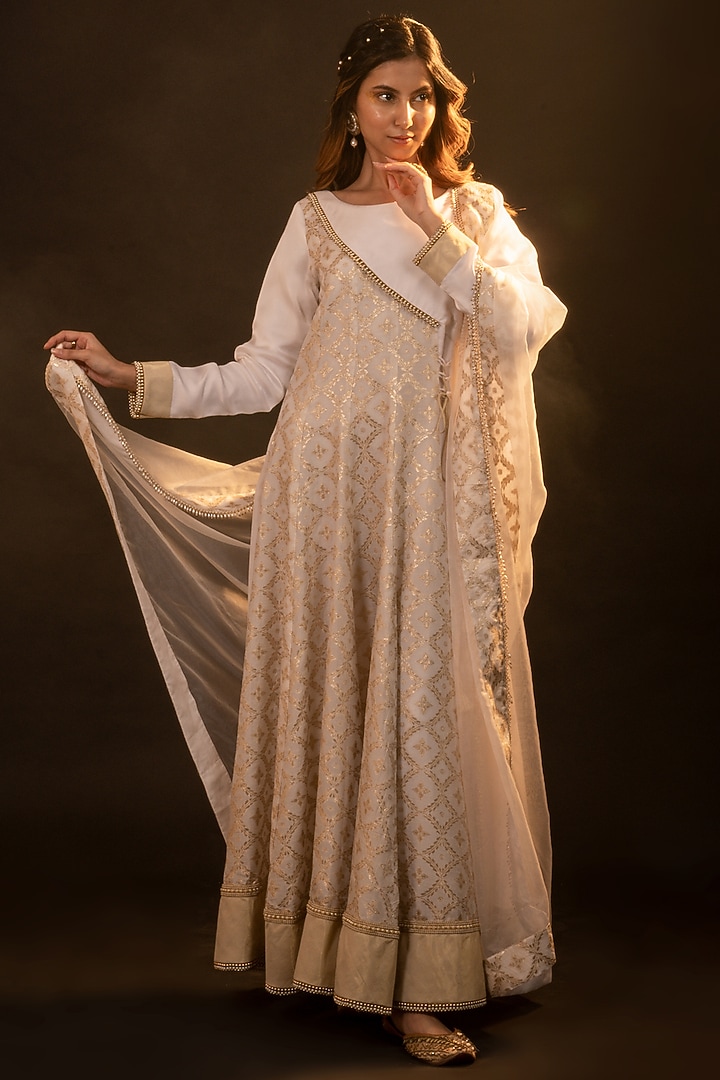 White Brocade & Satin Silk Blend Angrakha Anarkali Set by Monk & Mei at Pernia's Pop Up Shop