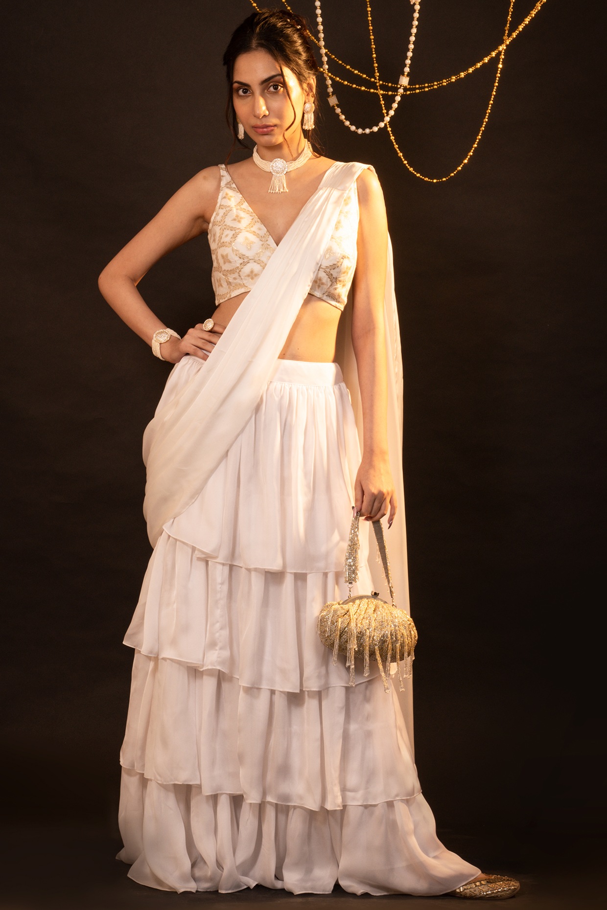 Cream Ruffle Saree