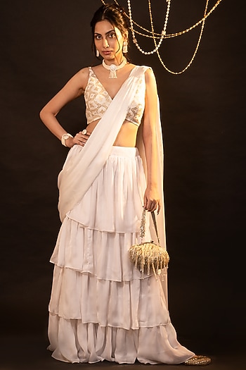 White Satin Ruffled Skirt Festive Saree Set by Monk & Mei at Pernia's Pop Up Shop