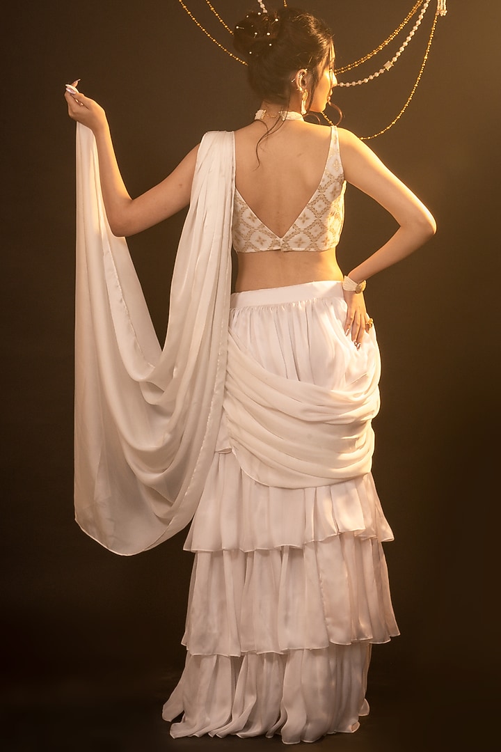 White Satin Ruffled Skirt Festive Saree Set by Monk & Mei at Pernia's Pop Up Shop