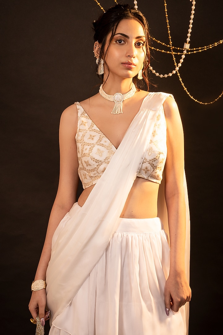 White Satin Ruffled Skirt Festive Saree Set by Monk & Mei at Pernia's Pop Up Shop