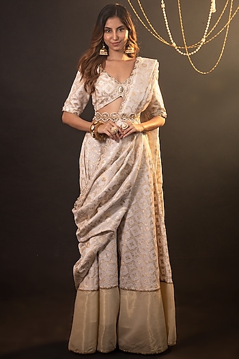 Gold Brocade Silk Party Wear Sharara Set by Monk & Mei at Pernia's Pop Up Shop