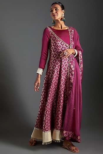Plum Purple Brocade & Satin Silk Printed Angrakha Anarkali Set by Monk & Mei at Pernia's Pop Up Shop