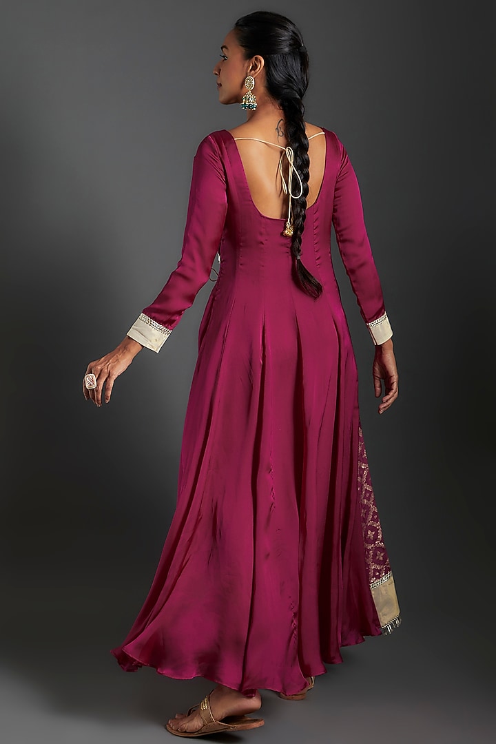Plum Purple Brocade & Satin Silk Printed Angrakha Anarkali Set by Monk & Mei at Pernia's Pop Up Shop