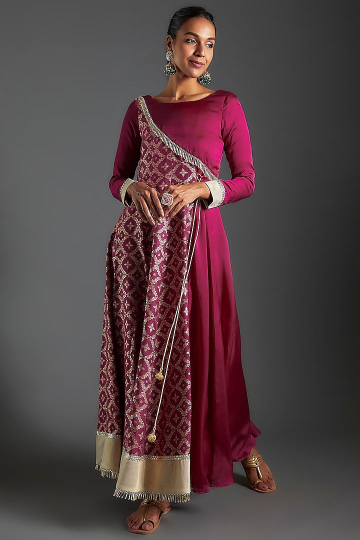 Plum Purple Brocade & Satin Silk Printed Angrakha Anarkali Set by Monk & Mei at Pernia's Pop Up Shop