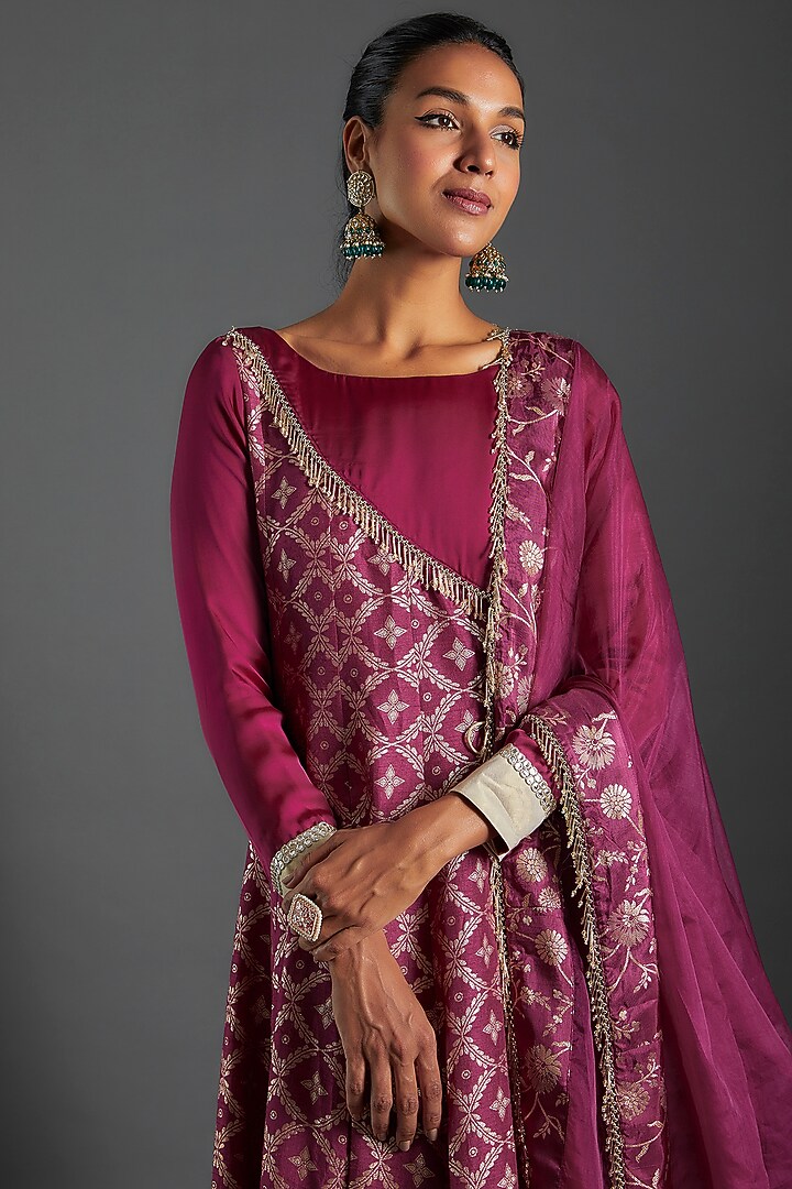 Plum Purple Brocade & Satin Silk Printed Angrakha Anarkali Set by Monk & Mei at Pernia's Pop Up Shop