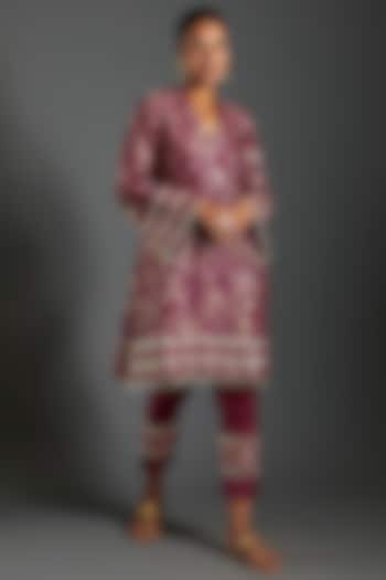 Plum Purple Brocade Printed Kurta Set by Monk & Mei at Pernia's Pop Up Shop