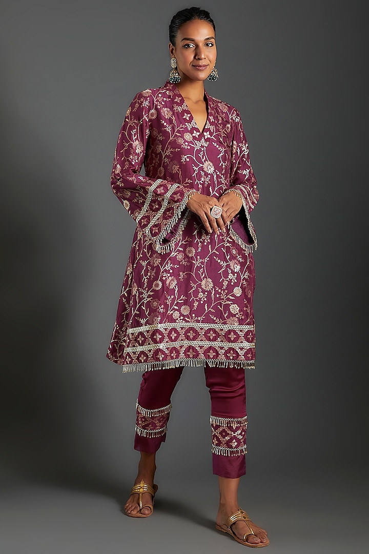 Plum Purple Brocade Printed Kurta Set by Monk & Mei at Pernia's Pop Up Shop