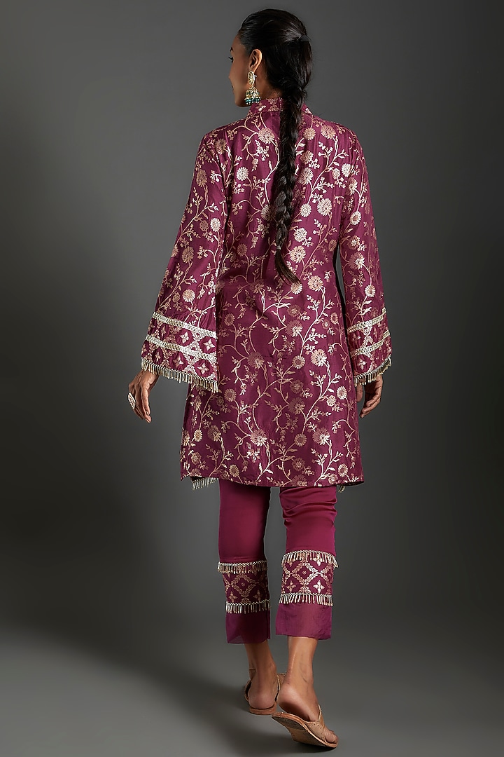 Plum Purple Brocade Printed Kurta Set by Monk & Mei at Pernia's Pop Up Shop