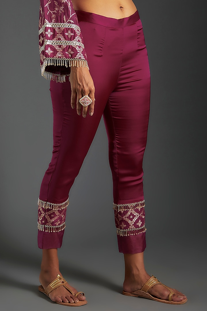 Plum Purple Brocade Printed Kurta Set by Monk & Mei at Pernia's Pop Up Shop