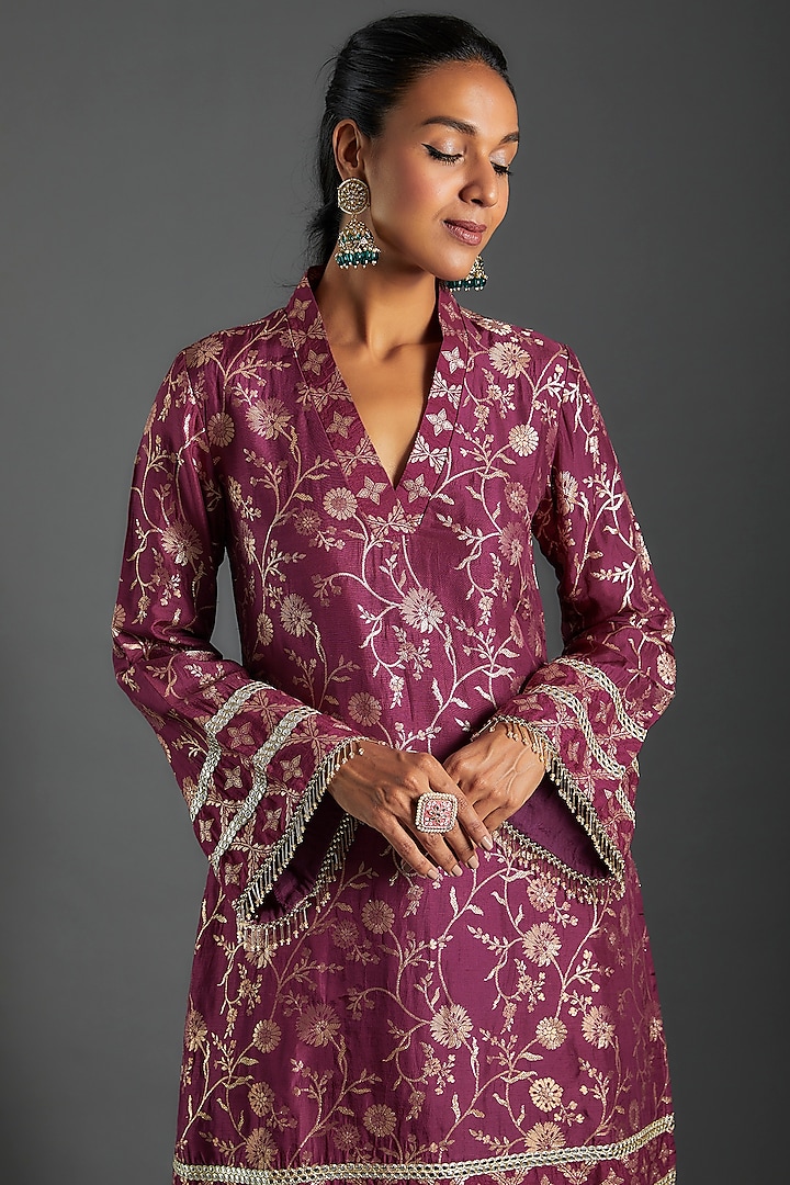 Plum Purple Brocade Printed Kurta Set by Monk & Mei at Pernia's Pop Up Shop