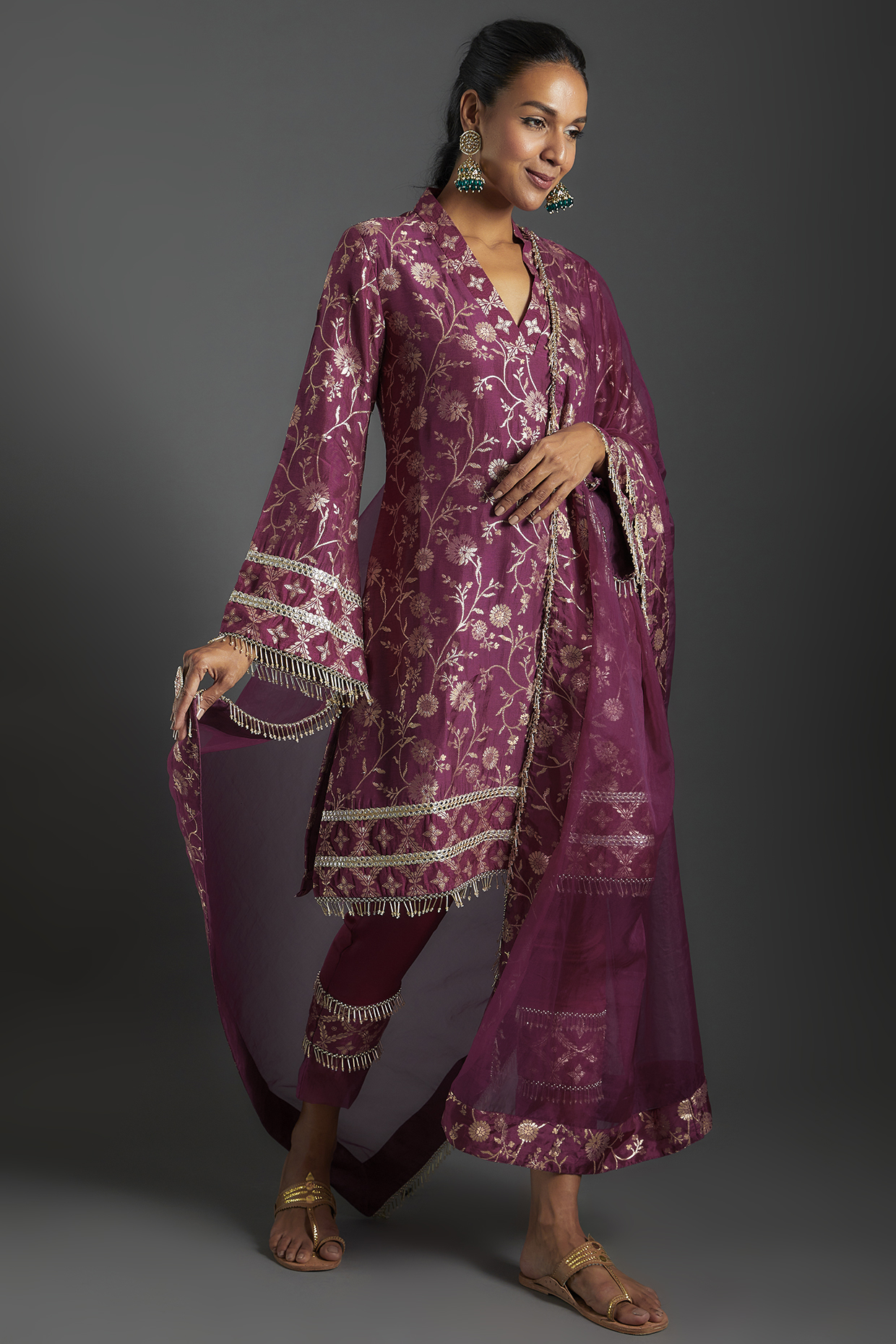 Plum Purple Brocade Printed Kurta Set by Monk & Mei