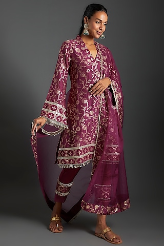 Plum Purple Brocade Printed Kurta Set by Monk & Mei