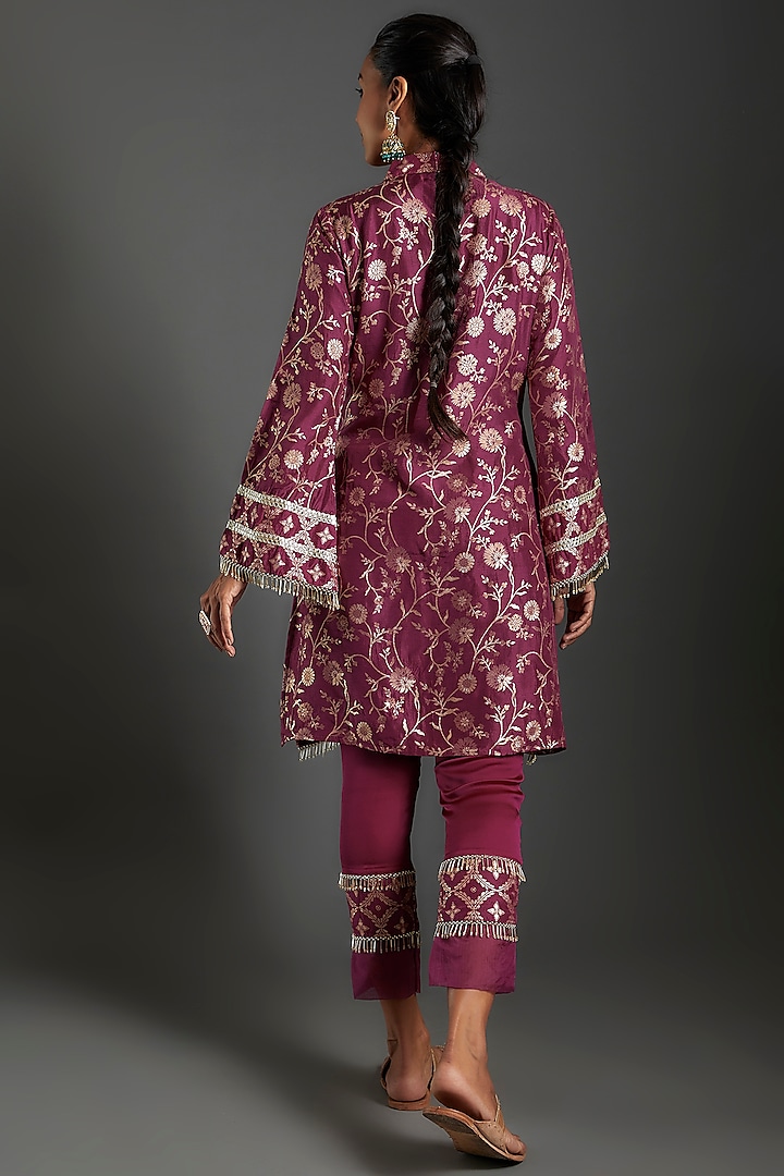 Plum Purple Brocade Printed Kurta Set by Monk & Mei at Pernia's Pop Up Shop