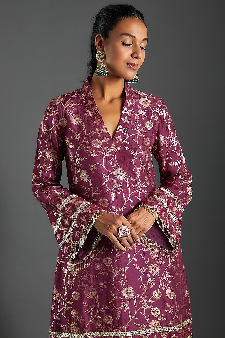 Plum Purple Brocade Printed Kurta Set by Monk & Mei at Pernia's Pop Up Shop