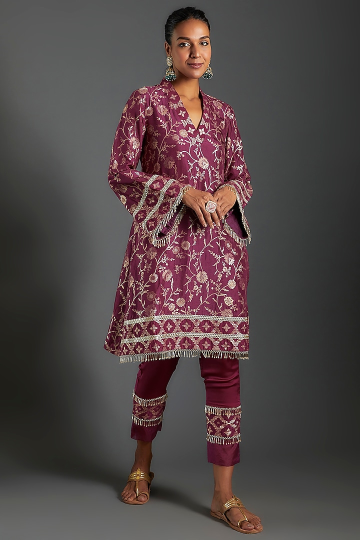 Plum Purple Brocade Printed Kurta Set by Monk & Mei at Pernia's Pop Up Shop