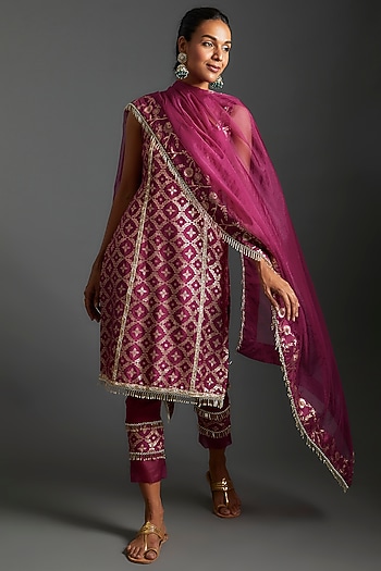Plum Purple Brocade Printed Kurta Set by Monk & Mei at Pernia's Pop Up Shop